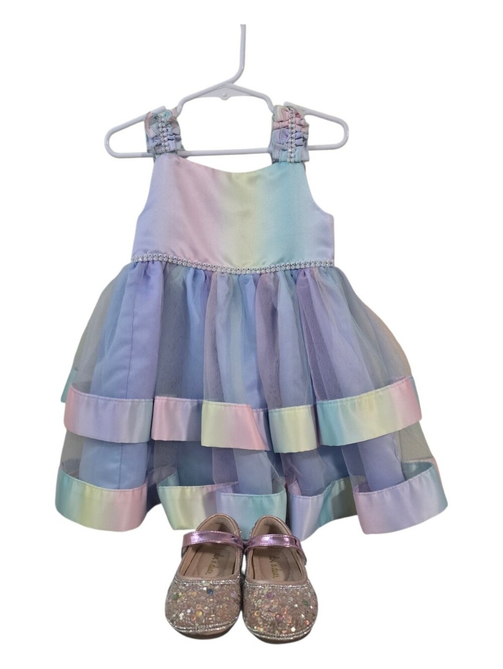 TODDLER SET: Blueberi Boulevard Rainbow Dress 2T & Doe a Dear Glitter Shoes 6C